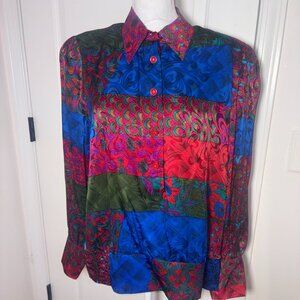 VINTAGE Anne Crimmins for Umi Collections 100% Silk Button Blouse Colorful Vibe